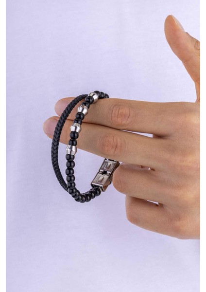 Oniks Hematit Taşlı Örgü Deri Erkek Deri Bileklik modelleri