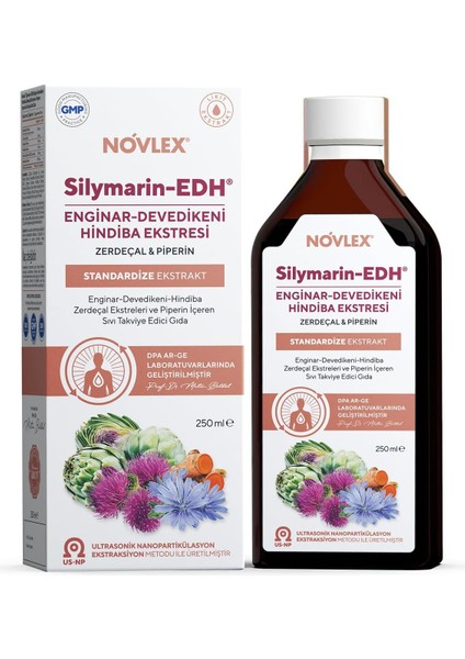Novlex Silymarin-Edh Enginar (Artichoke), Devedikeni (Milk Thistle), Hindiba, Zerdeçal ve Piperin Ekstraktı (Ekstresi) Içeren Sıvı Takviye Edici Gıda 250ML