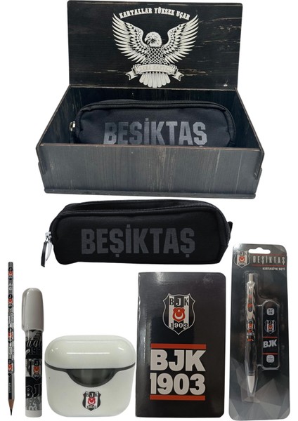 Beşiktaş Orjinal Lisanslı Beyaz Air Kalemtraş Ahşap Kutulu 6'lı Kırtasiye Seti