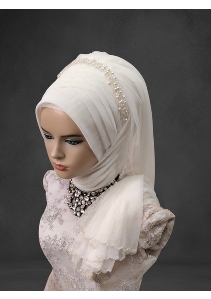 Duvağı Ful Işlemeli Incili Aksesuarlı Gelinbaşı Hazır Şal Hazır Duvak