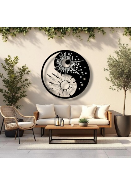 Güneş ve Ay Yin Yang Metal Tablo – 3D Gölgeli Denge Temalı Modern Duvar Dekoru