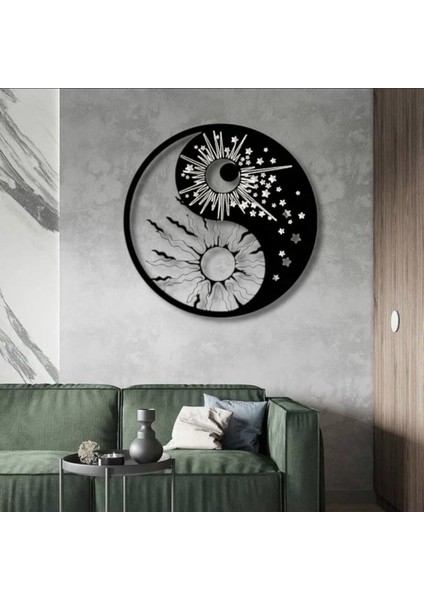 Güneş ve Ay Yin Yang Metal Tablo – 3D Gölgeli Denge Temalı Modern Duvar Dekoru