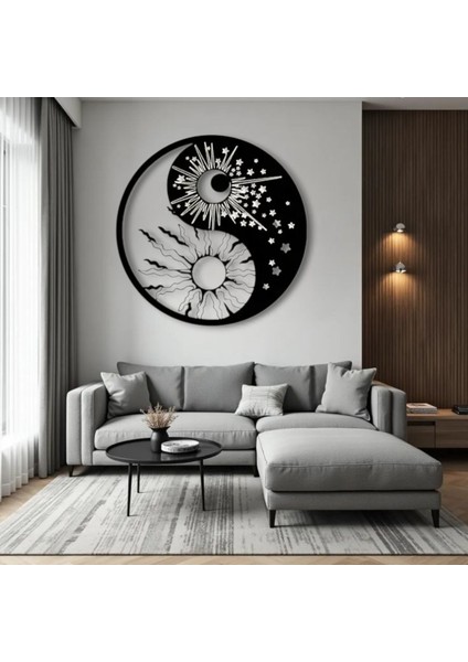 Güneş ve Ay Yin Yang Metal Tablo – 3D Gölgeli Denge Temalı Modern Duvar Dekoru