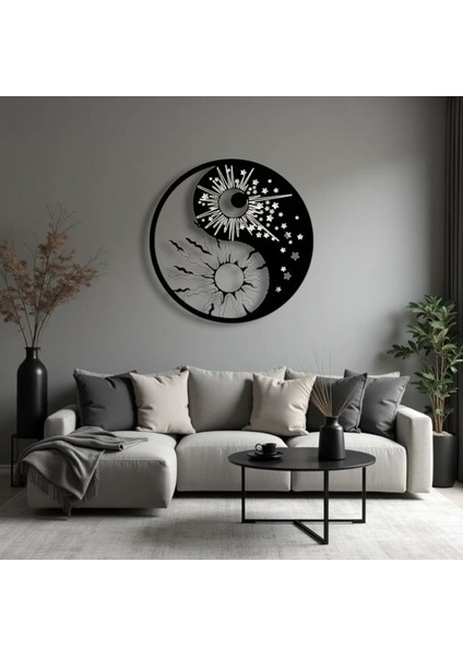 Güneş ve Ay Yin Yang Metal Tablo – 3D Gölgeli Denge Temalı Modern Duvar Dekoru