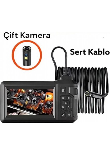 VTN-009 Ekranlı Çift Kameralı 20 Metre Sert Kablo Yılan Endoskop Kamera 8 mm 4.3 Inc fırsatları