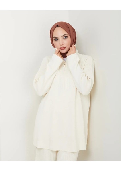 Balıkçı Yaka Tesettür Triko Takım - Ekru fırsatları