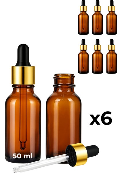 6’lı 50 ml Amber Cam Serum Şişesi + Gold (Altın) Metal Kapaklı Siyah Uçlu Damlalık