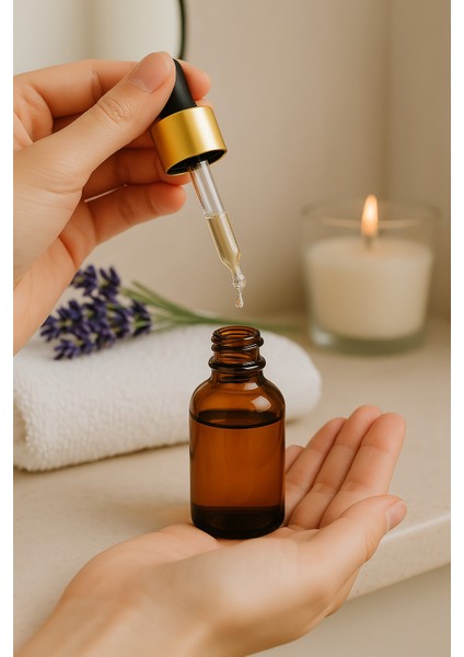 6’lı 50 ml Amber Cam Serum Şişesi + Gold (Altın) Metal Kapaklı Siyah Uçlu Damlalık