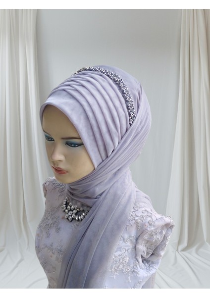 Aksesuarlı Açık Gri Esnek Kumaş Tektek Hazır Duvak Hazır Şal Hazır Türban