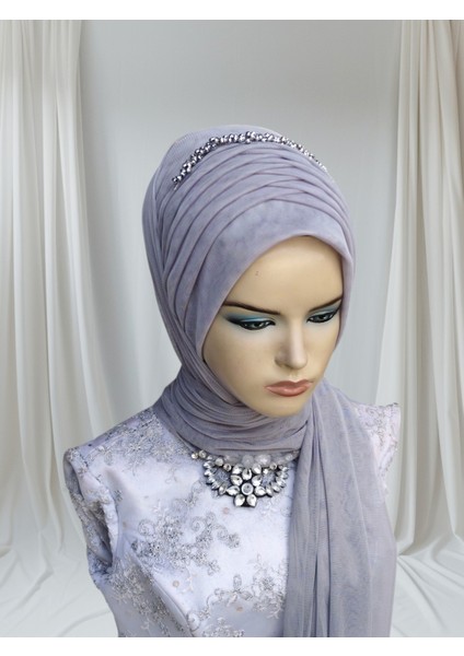 Aksesuarlı Açık Gri Esnek Kumaş Tektek Hazır Duvak Hazır Şal Hazır Türban fiyatları