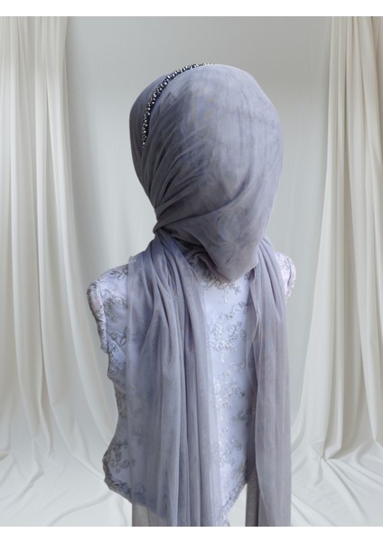Aksesuarlı Açık Gri Esnek Kumaş Tektek Hazır Duvak Hazır Şal Hazır Türban modelleri