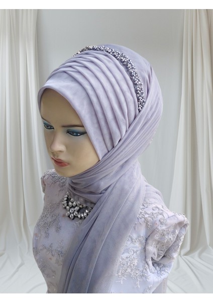 Aksesuarlı Açık Gri Esnek Kumaş Tektek Hazır Duvak Hazır Şal Hazır Türban fırsatları