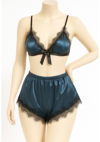 Kadın Siyah Saten Dantelli Şortlu Iç Giyim Takımı – Zarif ve Çekici Tasarım 3745 Xl modelleri