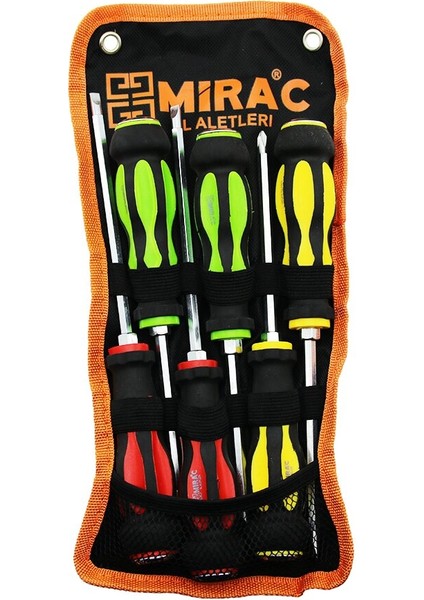 Bez Çantalı Renkli - Kauçuk Kaplama Saplı Darbeli 6lı Set Çift Taraflı Tornavida Takımı (5358)