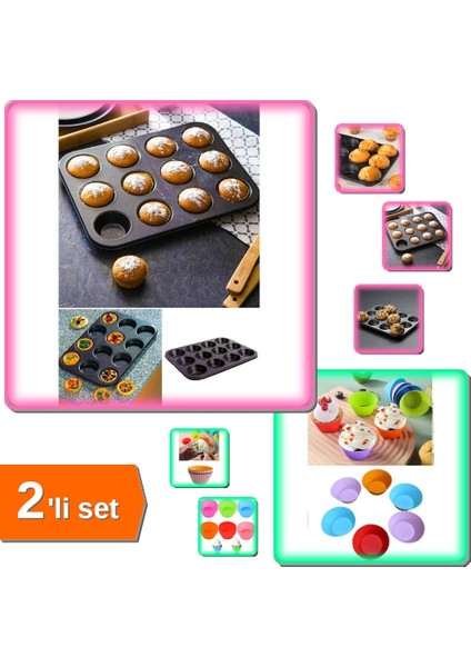 12 Bölmeli Metal Yapışmaz Muffin Kek Kalıbı + 6 Adet Yıkanabilir Tırtıklı Muffin Kalıbı - 2li Set M3