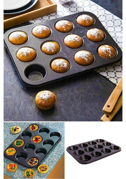 12 Bölmeli Metal Yapışmaz Muffin Kek Kalıbı + 6 Adet Yıkanabilir Tırtıklı Muffin Kalıbı - 2li Set M3 fiyatları