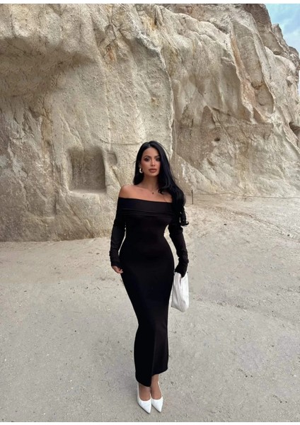 Nrtmsa Madonna Yaka Esnek Kumaş Elbise Siyah (Beden: M)