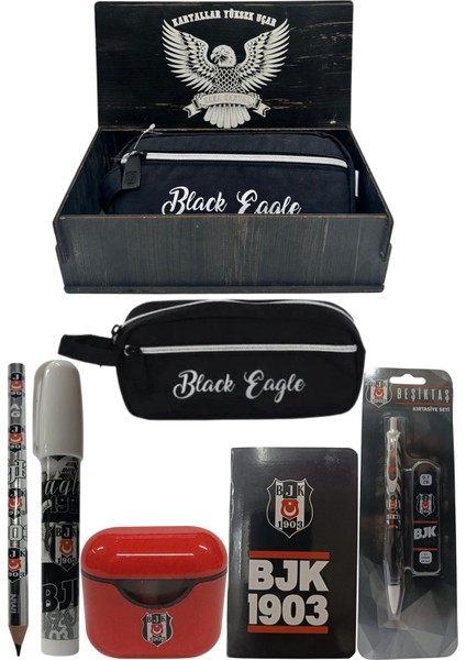 Beşiktaş Orjinal Lisanslı Beyaz Air Kalemtraş Ahşap Kutulu 6'lı Kırtasiye Seti