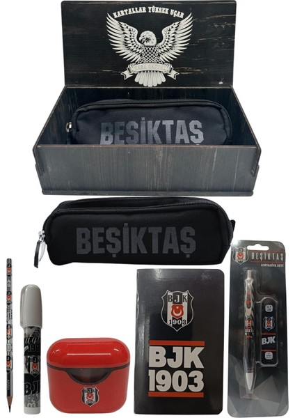 Beşiktaş Orjinal Lisanslı Beyaz Air Kalemtraş Ahşap Kutulu 6'lı Kırtasiye Seti