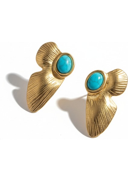 Çelik Firuze Taşlı Yaprak Küpe | Altın Rengi Etnik Kararmaz Takı