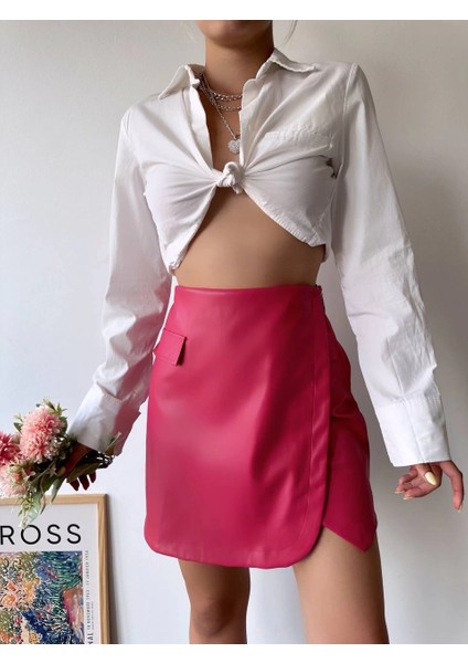 Nrtmsa Cep Detaylı Oval Kapaklı Deri Etek Fuşya H240048 (Beden: S) fırsatları