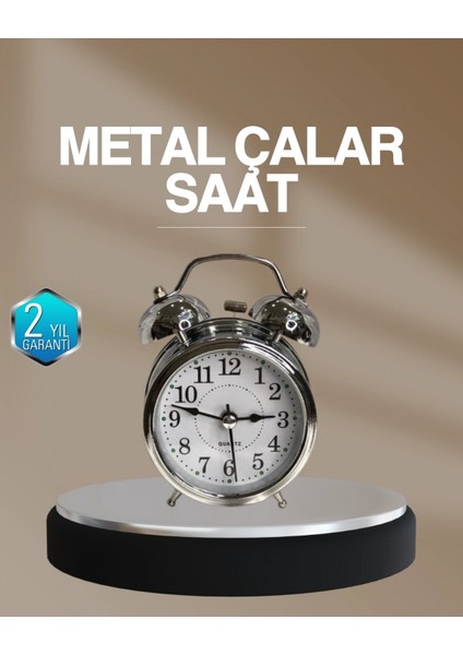 Dekoratif Yuvarlak Gümüş Sessiz Işıklı Masa Üstü Çalar Saat Alarmlı ve Şık Tasarım