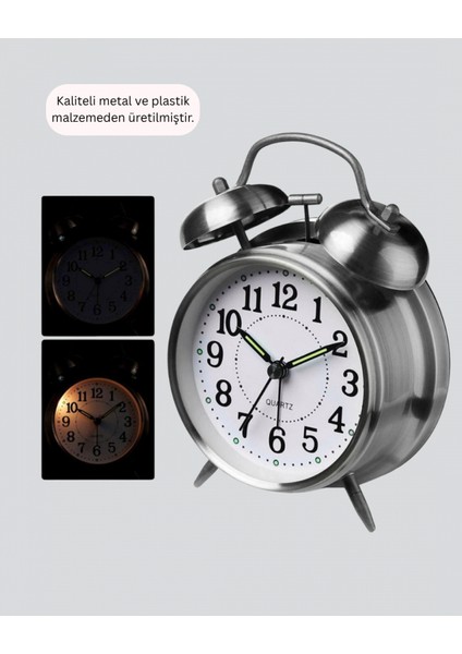 Dekoratif Yuvarlak Gümüş Sessiz Işıklı Masa Üstü Çalar Saat Alarmlı ve Şık Tasarım indirimleri