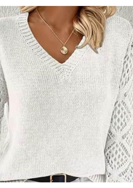 Kadın Uzun Kollu V Yaka Kol Delikli Baklava Desen Detaylı Triko Kazak fiyatları