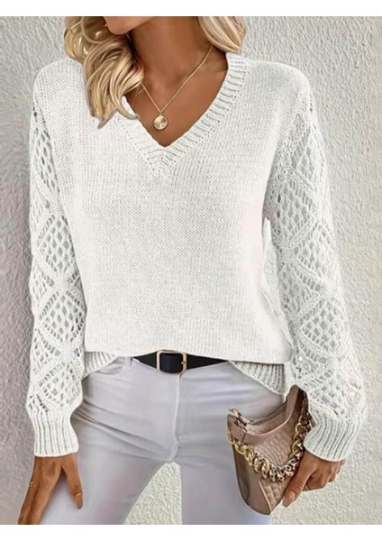 Kadın Uzun Kollu V Yaka Kol Delikli Baklava Desen Detaylı Triko Kazak modelleri