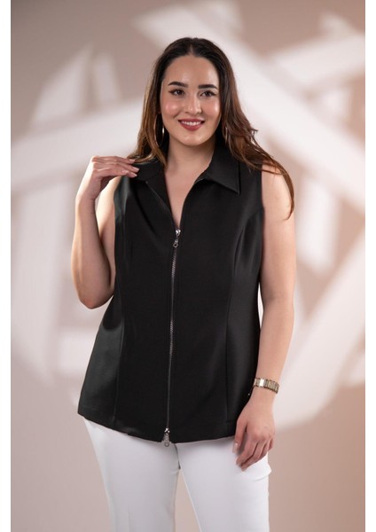 Kadın 1112046 Fermuarlı Kolsuz Siyah Yelek