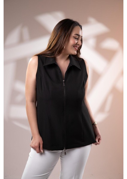Kadın 1112046 Fermuarlı Kolsuz Siyah Yelek fırsatları