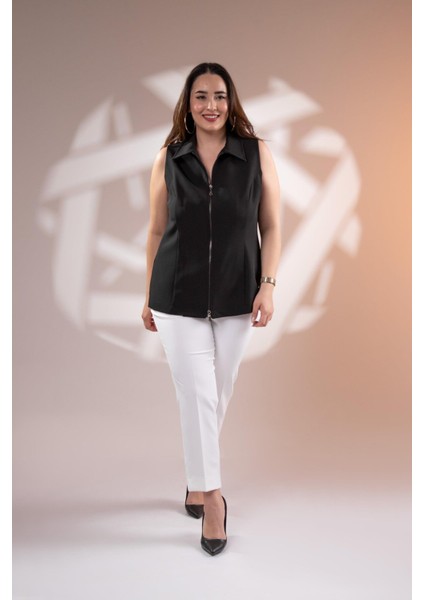 Kadın 1112046 Fermuarlı Kolsuz Siyah Yelek