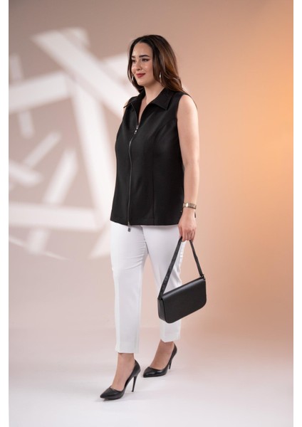 Kadın 1112046 Fermuarlı Kolsuz Siyah Yelek