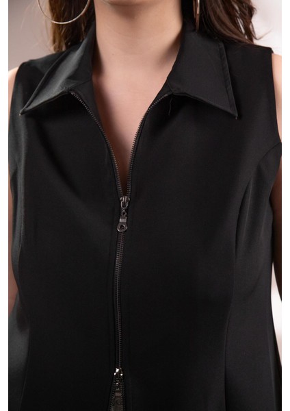 Kadın 1112046 Fermuarlı Kolsuz Siyah Yelek