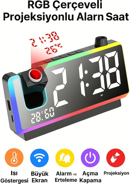 Rgb Çerçeveli Dijital Projeksiyonlu Alarm Saat – Sıcaklık Gösterimi, Tek Tuşla Yansıtma