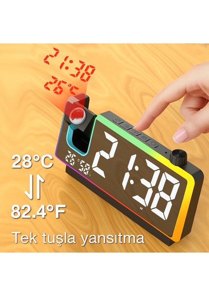Rgb Çerçeveli Dijital Projeksiyonlu Alarm Saat – Sıcaklık Gösterimi, Tek Tuşla Yansıtma fırsatları