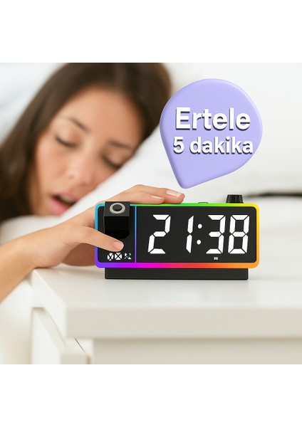 Rgb Çerçeveli Dijital Projeksiyonlu Alarm Saat – Sıcaklık Gösterimi, Tek Tuşla Yansıtma