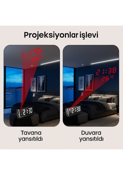 Rgb Çerçeveli Dijital Projeksiyonlu Alarm Saat – Sıcaklık Gösterimi, Tek Tuşla Yansıtma