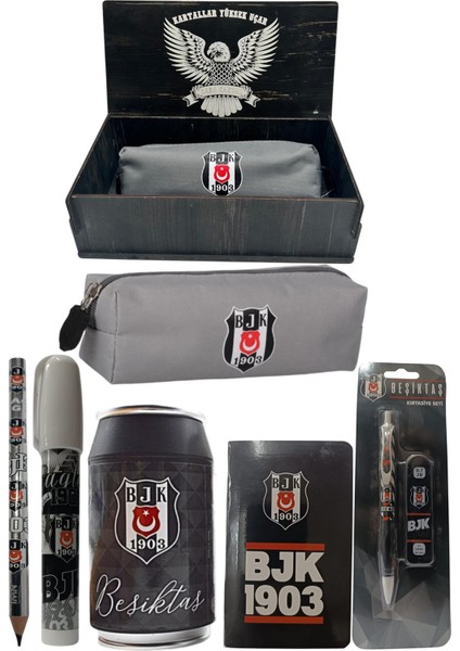 Beşiktaş Orjinal Lisanslı Siyah Kutu Kalemtraş Ahşap Kutulu 6'lı Kırtasiye Seti