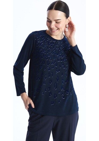 Yeni Sezon Bisiklet Yaka Desenli Uzun Kollu Kadın Bluz