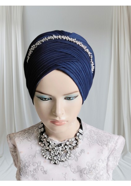 Aksesuarlı Lacivert Sevda Model Hazır Türban Hazır Şal Abiye Şal