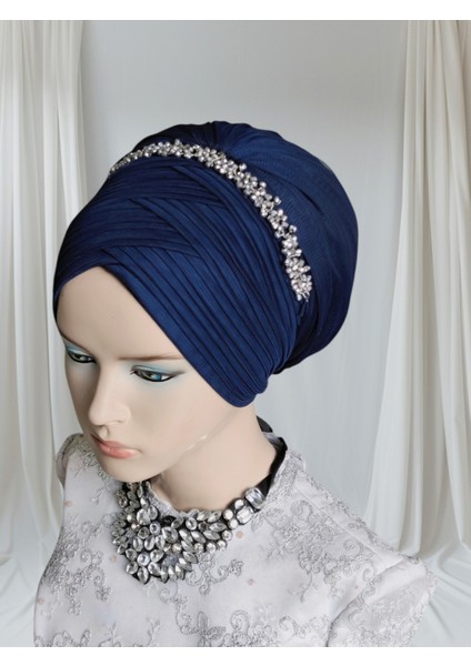 Aksesuarlı Lacivert Sevda Model Hazır Türban Hazır Şal Abiye Şal fiyatları