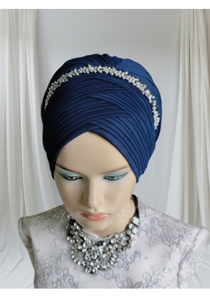 Aksesuarlı Lacivert Sevda Model Hazır Türban Hazır Şal Abiye Şal fırsatları