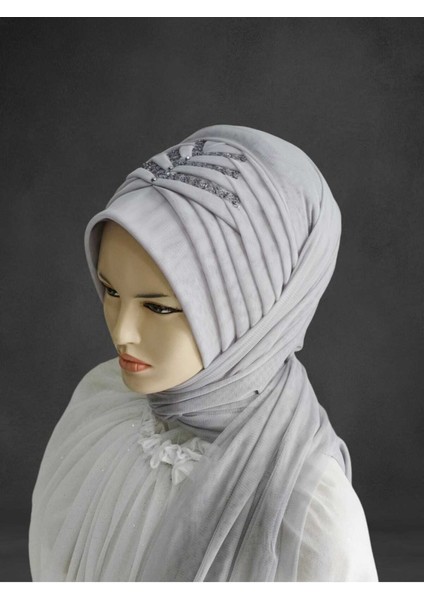 Açık Gri Payetli Hazır Türban Hazır Şal Hazır Duvak
