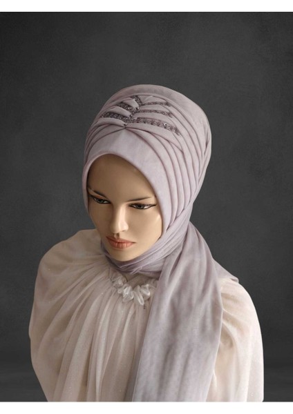 Açık Gri Payetli Hazır Türban Hazır Şal Hazır Duvak modelleri