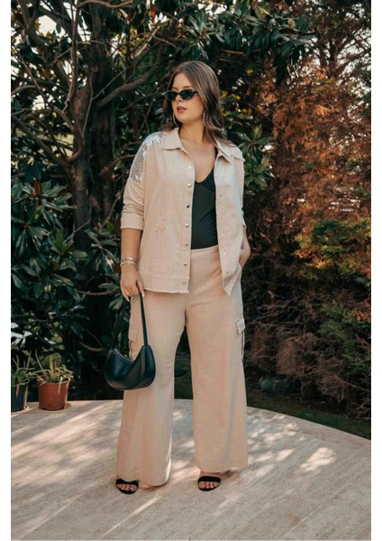 Kadın Büyük Beden Kargo Cepli Bol Bej Pantolon