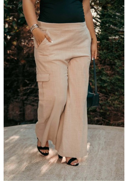 Kadın Büyük Beden Kargo Cepli Bol Bej Pantolon modelleri