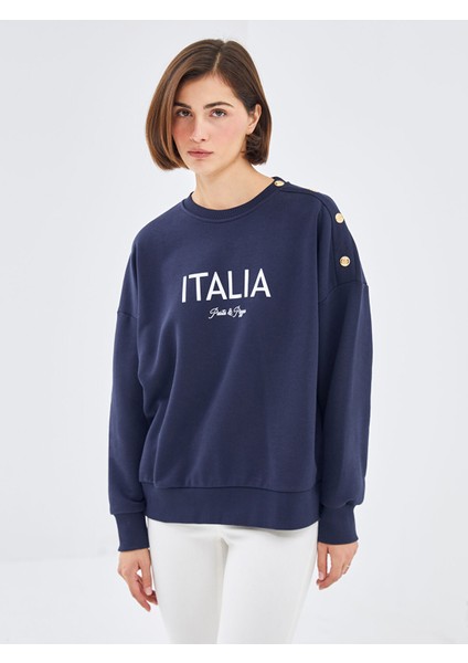 Yeni Sezon Bisiklet Yaka Baskılı Oversize Kadın Kalın Sweatshirt