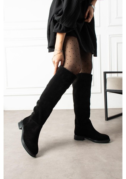 Chance Kadın Çizme Kısa Topuklu Hakiki Deri Süet Siyah