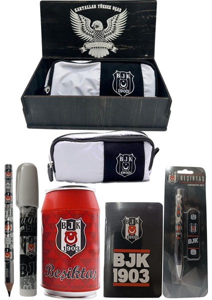 Beşiktaş Orjinal Lisanslı Kırmızı Kutu Kalemtraş Ahşap Kutulu 6'lı Kırtasiye Seti